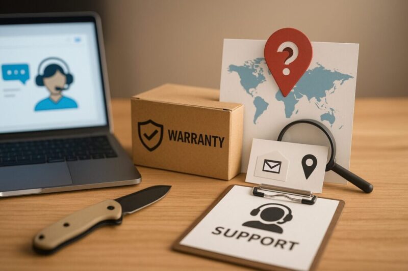 木目デスクにサポートを示す道具類と無銘の折りたたみナイフを並べ、ブランドの所在や保証体制をイメージ的に表した写真。