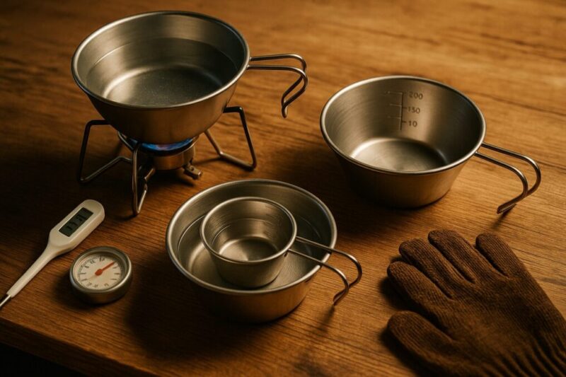 木製テーブルで、弱火のバーナー上のシェラカップと、メモリ付きカップ、湯煎用の入れ子、温度計、耐熱グローブを並べた安全手順のイメージ写真。