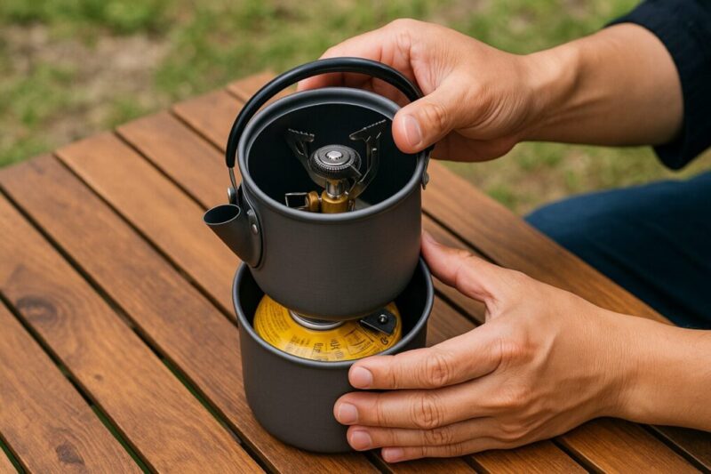 木製テーブルで、日本人の手が0.8Lの小型ケトルにOD缶110と携帯バーナーをスタッキングしている様子。