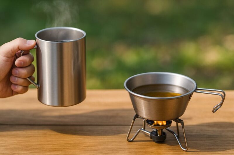 木製テーブルで、日本人の手が保温マグを持ち、隣でシェラカップがバーナーの火で温められている比較シーン。