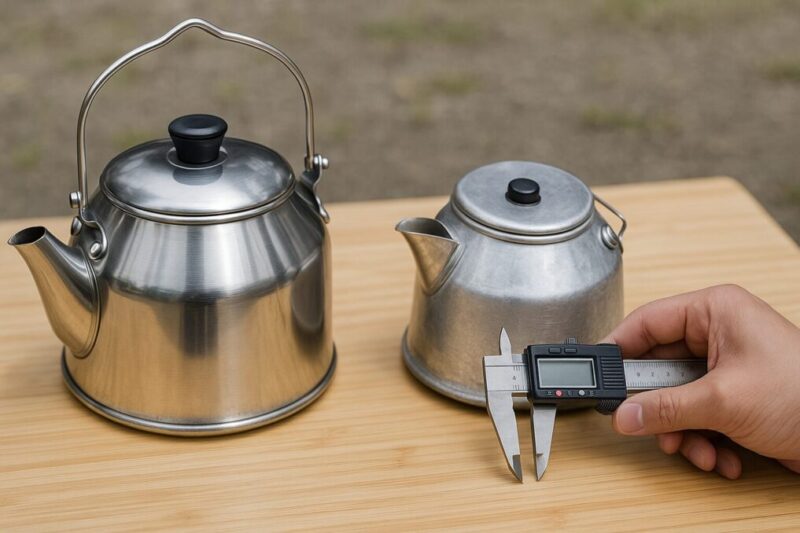 木製テーブルに無地の金属ケトルを二つ並べ、手前で日本人の手がデジタルノギスを当てて底の厚さを測っている。