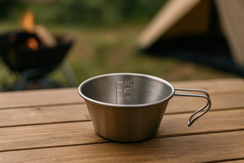 木製テーブルに置かれた容量目盛付きのステンレス製シェラカップ。