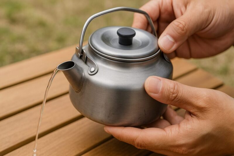 木製テーブルの上で、日本人の手が無地の小型ケトルを持ち、細い湯を注いで注ぎ口の切れと蓋の収まり、溶接の丁寧さが分かるロゴ無しの写真。