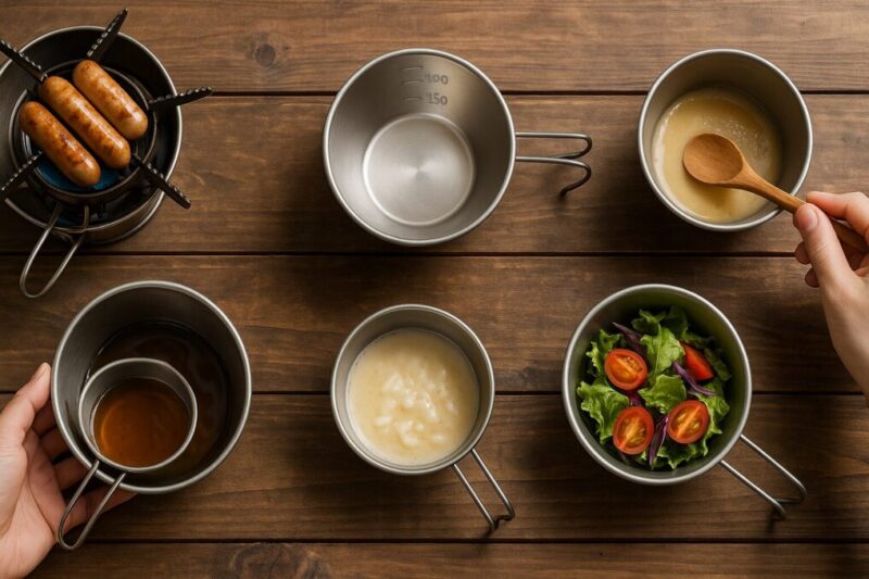 木製テーブルの上でシェラカップが「直火・計量・調理・湯煎・盛り付け」の5用途を同時に示す俯瞰構図。