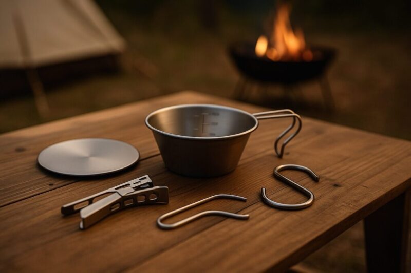 木製テーブルの上にシェラカップとフタ、リフター、S字フックを並べ、背景に焚き火とテントがぼける夕暮れのキャンプシーン。