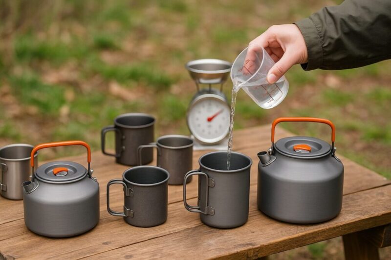 木製テーブルの上に三つの無地の小型ケトルが大中小で並び、日本人の手が計量カップから水を注ぐ。