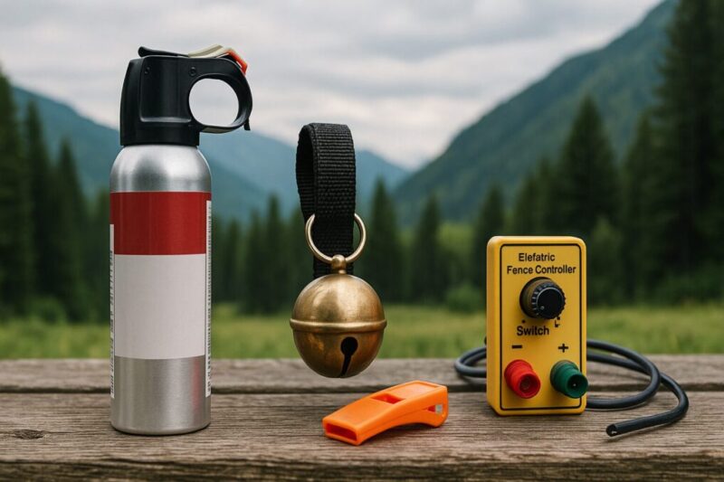 木製テーブルの上に熊スプレー缶と熊鈴、ホイッスル、地図が並び、背景に山道が見える。山歩きやキャンプで携行する熊対策装備一式のイメージ写真