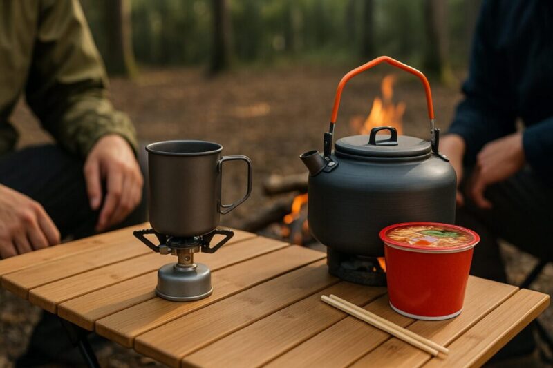 木製テーブル上で、左に小型ストーブと金属マグ、右に小型ケトルとカップ麺が置かれ、林間の焚き火を前に日本人キャンパーが向き合う場面。