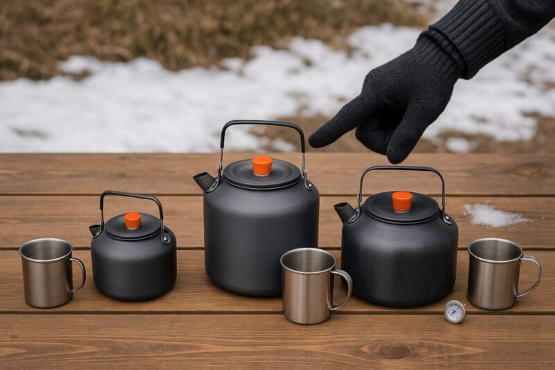 木製テーブル上に0.6・0.8・1.0L相当の無地ケトルとマグが並び、手袋をした日本人の手が中サイズを指さす。容量比較の文脈が伝わるロゴ無しの写真。