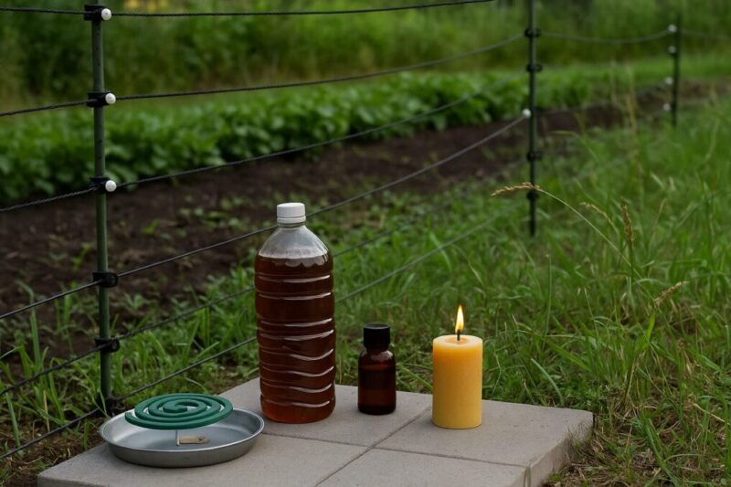 木酢液入りペットボトルと蚊取り線香を入口に置き、電気柵で囲った家庭菜園で熊よけ対策をしている様子のイメージ写真