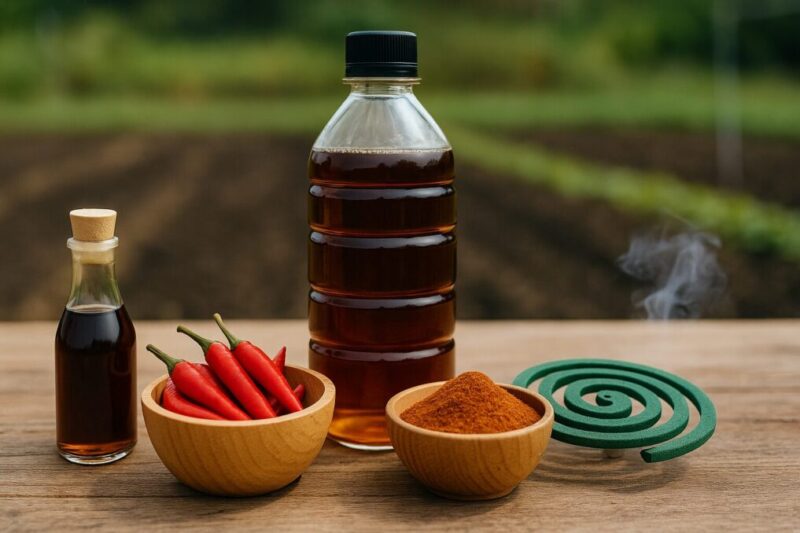 木酢液風の液体ボトルと赤い唐辛子、唐辛子粉末、煙を上げる蚊取り線香を畑のテーブルに並べた、熊が嫌がるニオイのイメージ写真