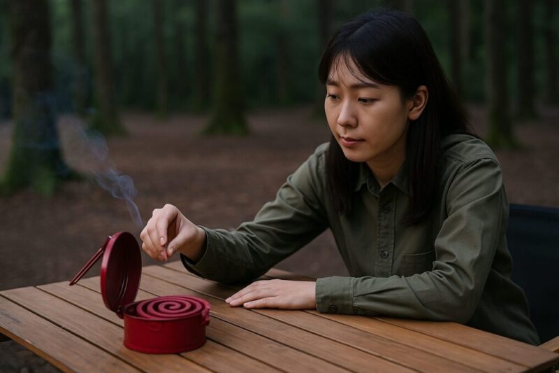 林間で渦巻き線香の位置を調整する日本人女性。風上に置き、薄い煙を座席方向へ流して効かせ方を見直す場面。