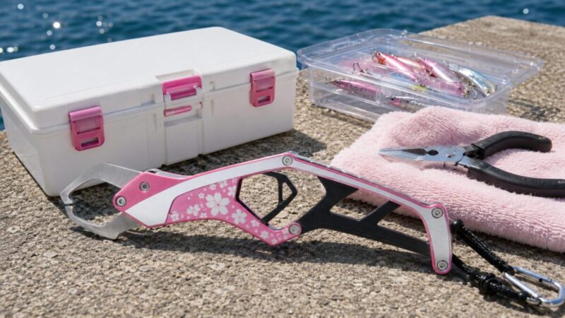桜柄のピンク系フィッシュグリップと釣り小物を堤防に並べたイメージ