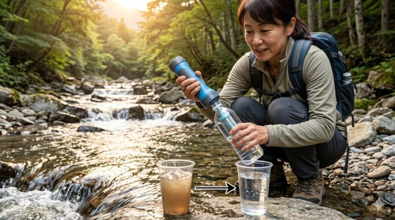 森の中の川辺で、日本人女性が携帯浄水器を使い、濁った水と澄んだ水の違いを比較しながら水を確保している様子。