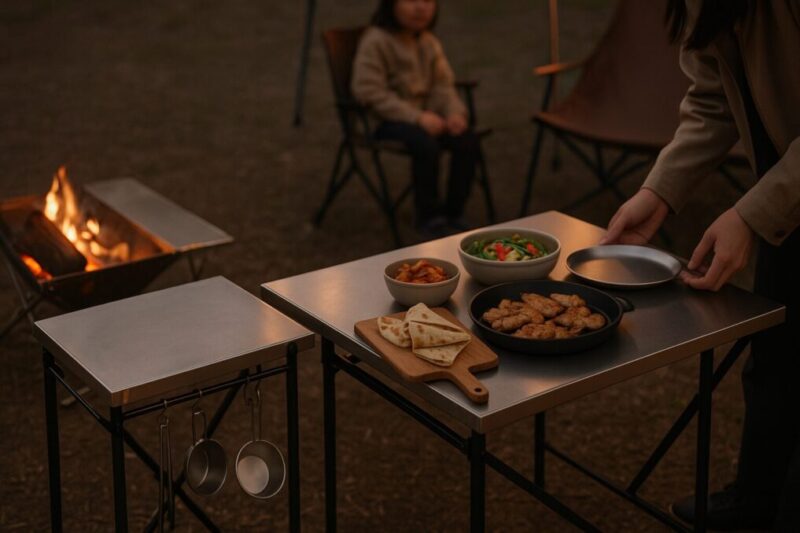 標準とラージを並べて運用し、ラージを配膳台として使う焚き火テーブルの実例写真イメージ