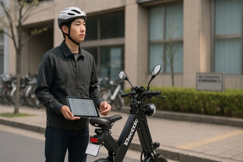 歩道脇で折りたたみ電動バイクと立つ日本人、ミラーやライトなど保安部品を備えた状態イメージ
