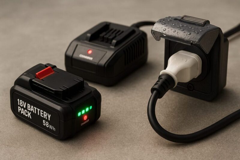残量LEDが点灯したバッテリーと専用充電器、防滴タップの安全な接続を写した写真。