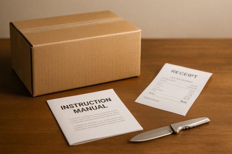 段ボール箱と説明書、レシートを並べた静物写真。正規・並行・中古の購入前チェックを示すイメージ