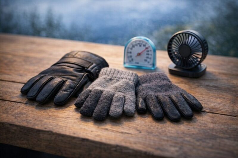 気温と風で体感が変わることを示すため手袋と温度計を並べたイメージ