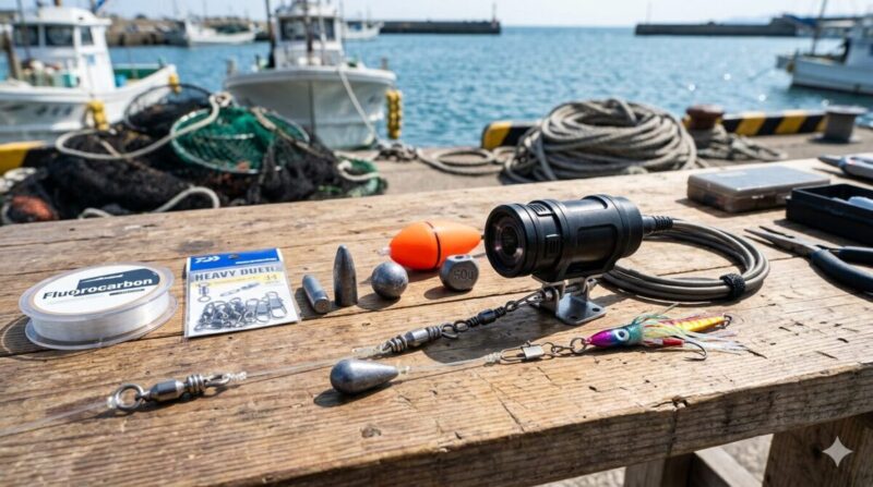 水中カメラ釣りの仕掛けを構成するパーツ類。