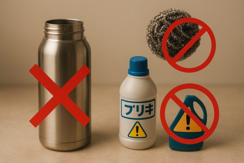 水筒の洗浄で避けるべき行為（研磨たわし・強い洗剤など）を、禁止マークのアイコンで示した説明用写真