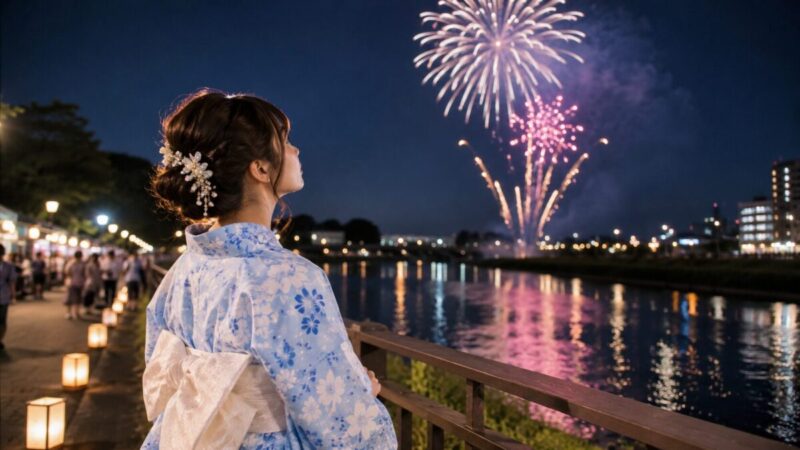 水色の浴衣を着た女性が花火を見上げる涼しげな夏デート風景
