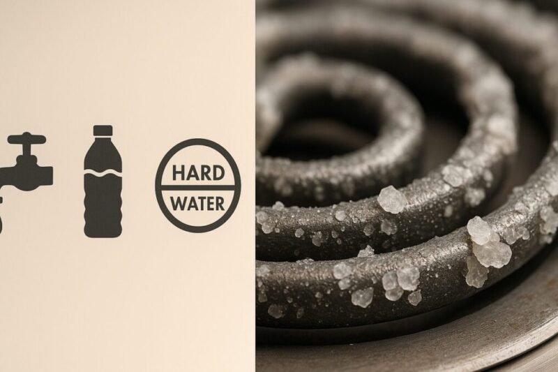 水質の違い（軟水・ミネラル水・硬水）と、加熱部に生じるスケール付着リスクを説明する図解的イメージ