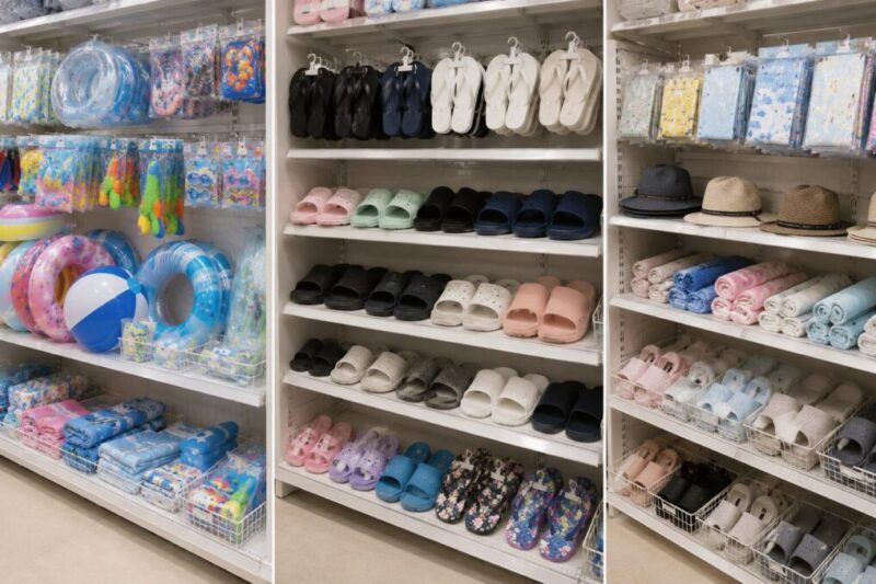 水遊び用品と履物と季節商品棚でビーチサンダルを探すイメージ