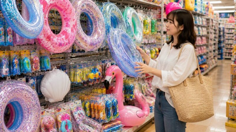 水遊び用品売り場で浮き輪やフロートを確認する女性の買い物風景