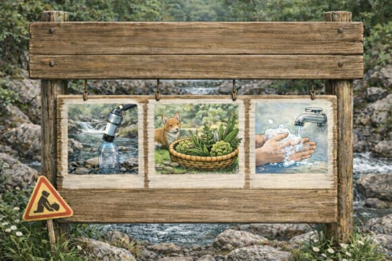 沢水や山菜の注意点を視覚的に伝える自然環境の案内イメージ