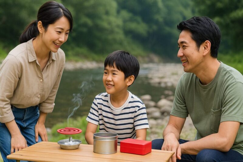 河原で日本人の家族が腰吊りとテーブル上の渦巻き線香を併用し、薄い煙を座っている方向へ流しているレビューイメージ。