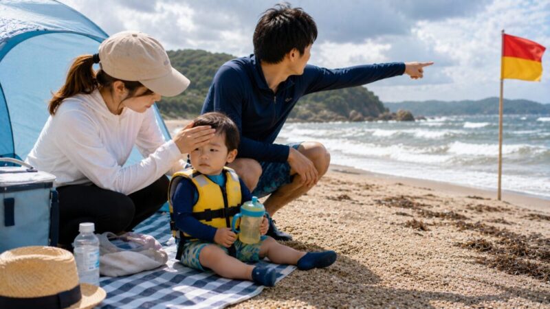波の状態を確認する父親と幼児の体調を確かめながら入水を見合わせる母親