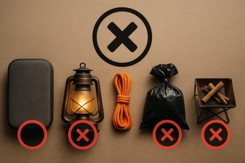 注意されやすい原因（音・光・境界・ゴミ・火）を並べて示す静物。