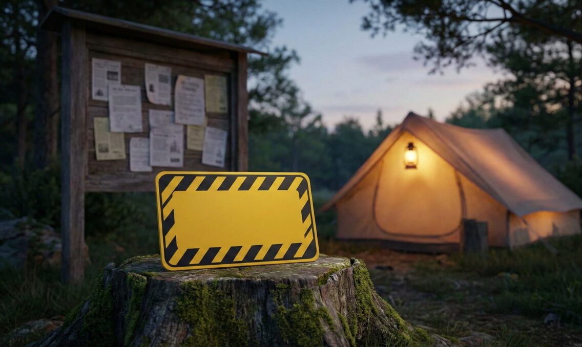 注意喚起の雰囲気が伝わるキャンプ場の掲示板とテントのイメージ。