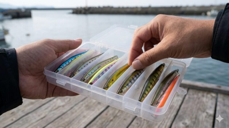 浅型ケースに並べられたルアーと整理する手元