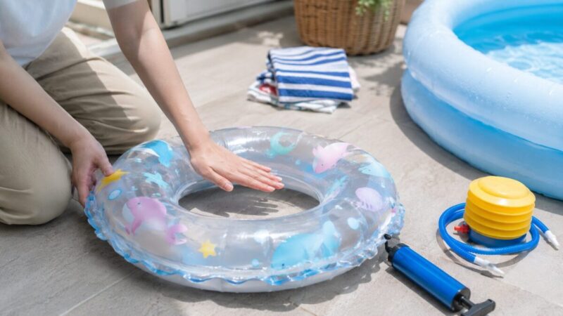 浮き輪に空気を入れすぎないよう弾力を確認する様子
