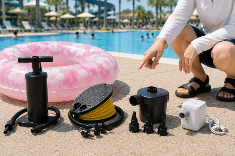 浮き輪に空気を入れるポンプの種類を比較するイメージ