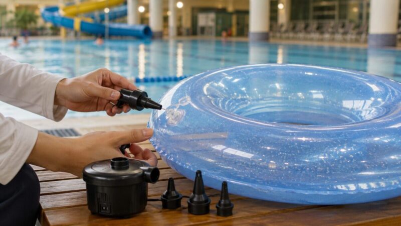 浮き輪の空気栓と空気入れノズルの形を確認する手元のイメージ
