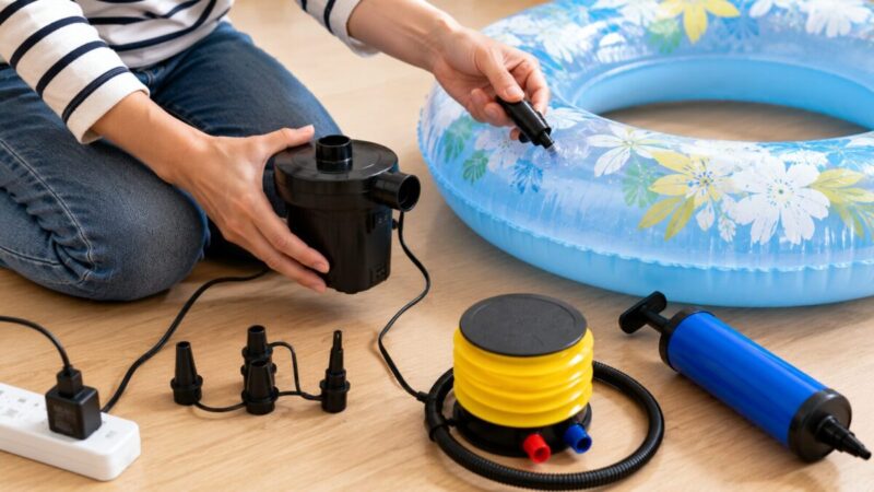 浮き輪の空気栓に合うノズルを確認する手元