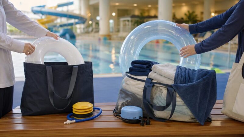 浮き輪をレンタルする場合と持参する場合の荷物量を比較するイメージ