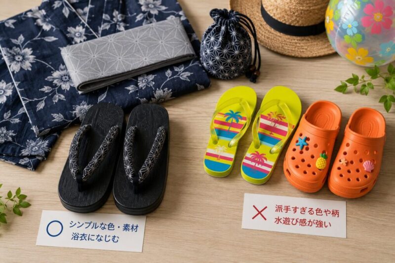 浴衣に合わせやすいシンプルなサンダルと派手すぎるサンダルを比較するイメージ