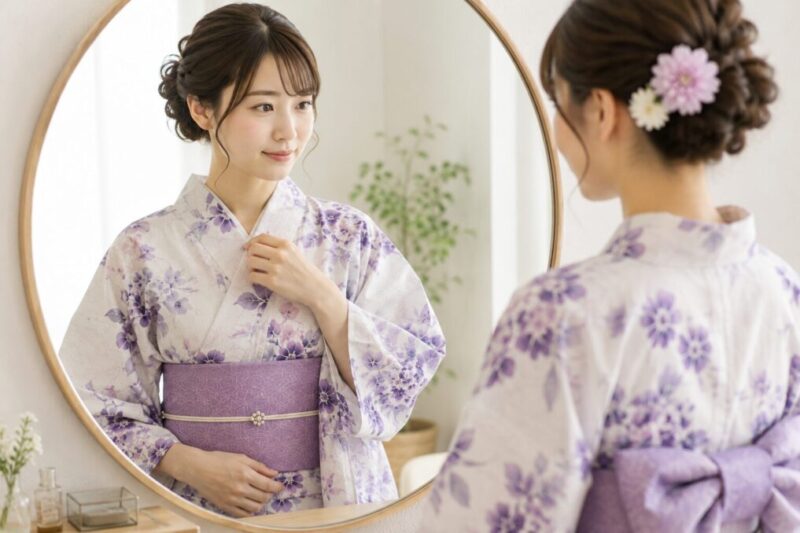 浴衣の右前と着崩れ防止を確認する着こなしマナーのイメージ