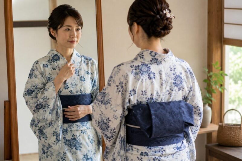浴衣の左右の合わせ方と着崩れを鏡で確認する大人女性