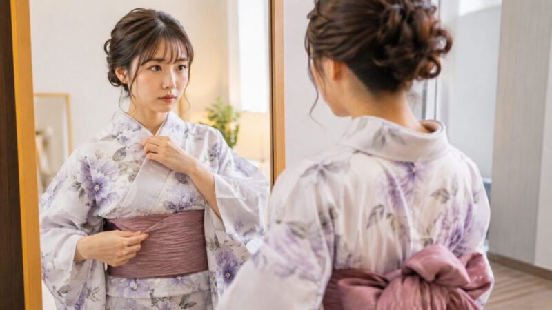 浴衣の着崩れを防ぐために鏡の前で帯と襟元を整える女性