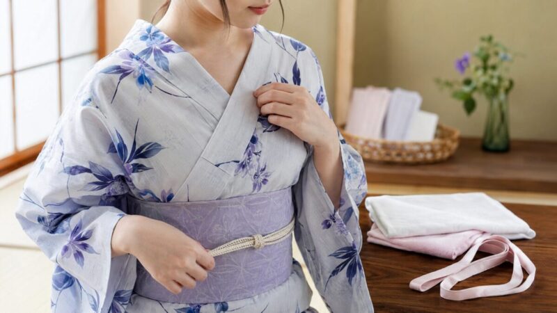 浴衣の胸元と帯まわりを整えて着崩れを防ぐ様子