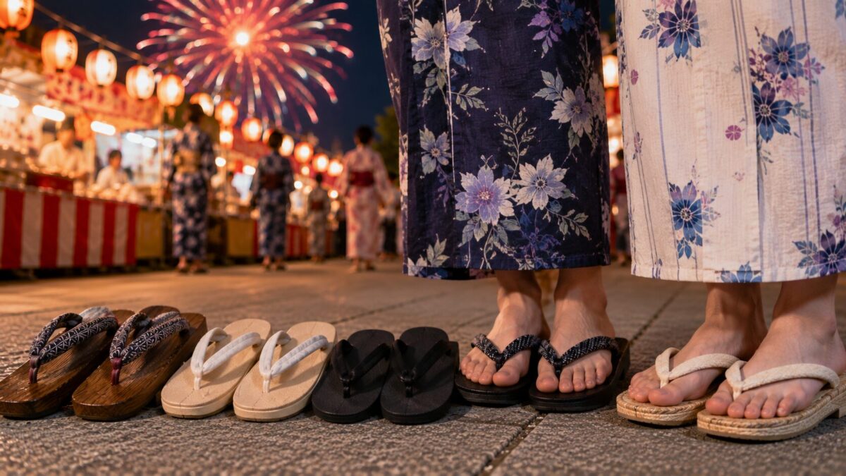 浴衣の足元に合うビーチサンダルや下駄風サンダルを夏祭り会場で比較するイメージ