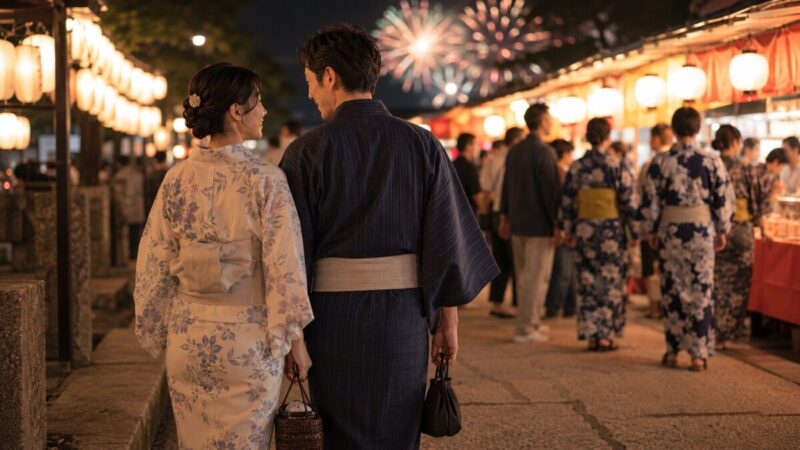 浴衣デートで清潔感のある大人の男女が花火大会を歩く様子