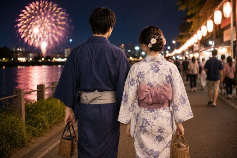 浴衣レンタルで身軽に花火大会へ向かうカップルの後ろ姿