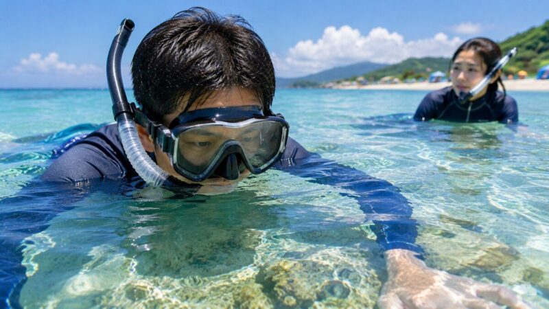 海でシュノーケリングマスクを着けて水面から海中を見る大人