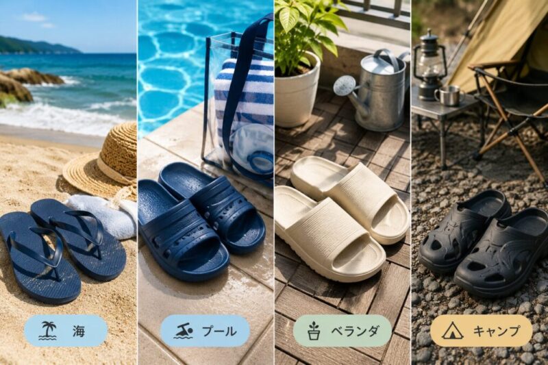 海とプールとベランダとキャンプで使う安いサンダルを比較するイメージ